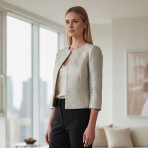 Max Mara Pianoforte Metallic Brocade Silk-Lined Jacket | Silver Blue | Sz 6